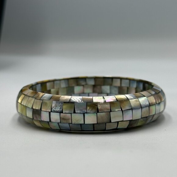 Mother of Pearl Mosaic Bangle Bracelet Iridescent Shell Inlay Square Tile Design - Picture 4 of 8